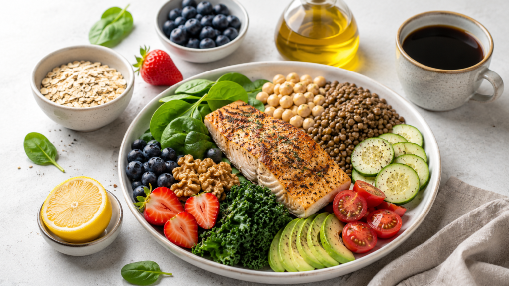 Liver-friendly Mediterranean meal with grilled salmon, spinach, kale, avocado, berries, lentils, chickpeas, oats, olive oil and coffee.