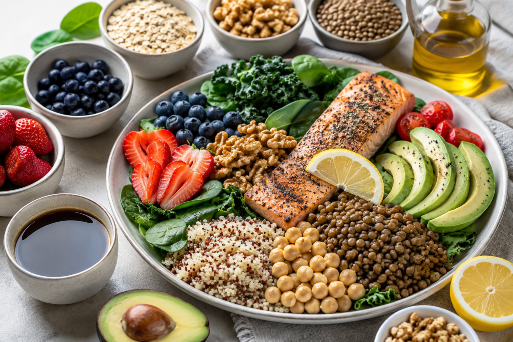 Mediterranean diet salmon bowl with leafy greens, lentils, chickpeas, avocado, berries, walnuts, oats, olive oil and black coffee for fatty liver health.