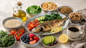 Mediterranean diet foods for fatty liver including olive oil, fish, leafy greens, oats, chickpeas, walnuts, berries, avocado, and black coffee