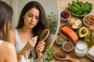 Woman experiencing hair fall while brushing her hair with natural home remedies and healthy foods that may support stronger hair.
