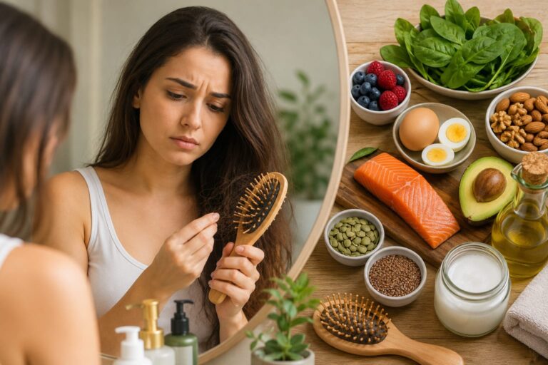 Woman experiencing hair fall while brushing her hair with natural home remedies and healthy foods that may support stronger hair.
