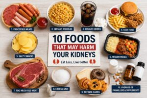 A top-view illustration of common foods that may put extra strain on kidney health, including processed meats, instant noodles, sugary soft drinks, fast food, packaged snacks, frozen meals, red meat, processed cheese, sugary desserts, and salty condiments.
