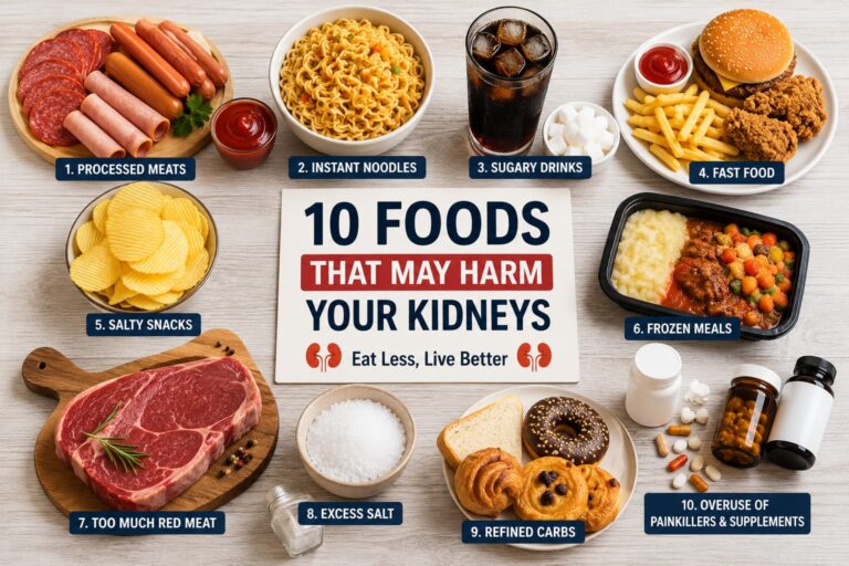 A top-view illustration of common foods that may put extra strain on kidney health, including processed meats, instant noodles, sugary soft drinks, fast food, packaged snacks, frozen meals, red meat, processed cheese, sugary desserts, and salty condiments.