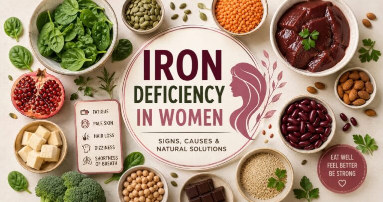 Woman experiencing common iron deficiency symptoms including fatigue, dizziness, hair loss, pale skin, and weakness.