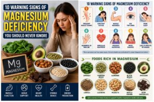 Infographic explaining magnesium deficiency symptoms, common warning signs, and the best magnesium-rich foods including spinach, pumpkin seeds, almonds, black beans, avocado, cashews, dark chocolate, and whole grains.