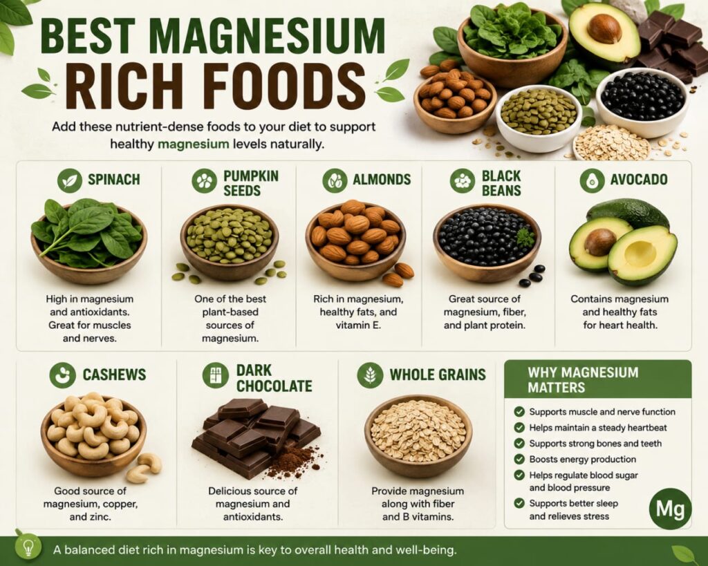 Infographic showing the best magnesium-rich foods including spinach, pumpkin seeds, almonds, black beans, avocado, cashews, dark chocolate, and whole grains to support healthy magnesium levels naturally.