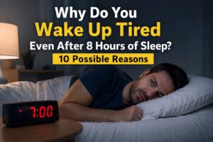 Man lying awake in bed looking exhausted after 8 hours of sleep with a 7:00 AM alarm clock.