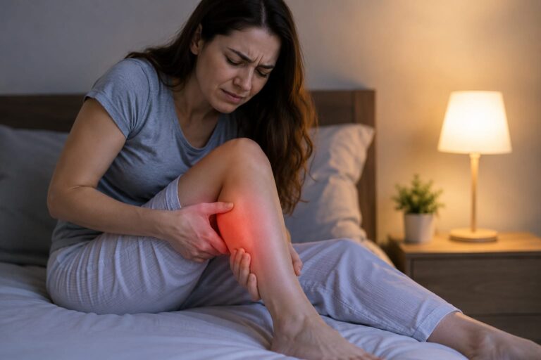 Person waking up at night with a painful leg cramp while holding their calf