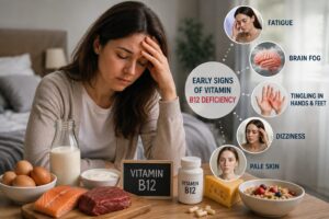 Woman showing early signs of Vitamin B12 deficiency including fatigue and brain fog.
