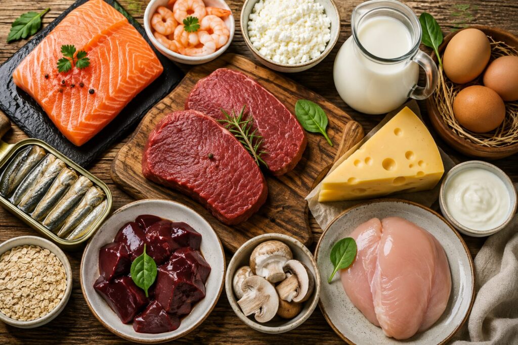 A realistic image showing foods naturally rich in Vitamin B12, including fish, meat, eggs, dairy products, and other nutrient-rich options.