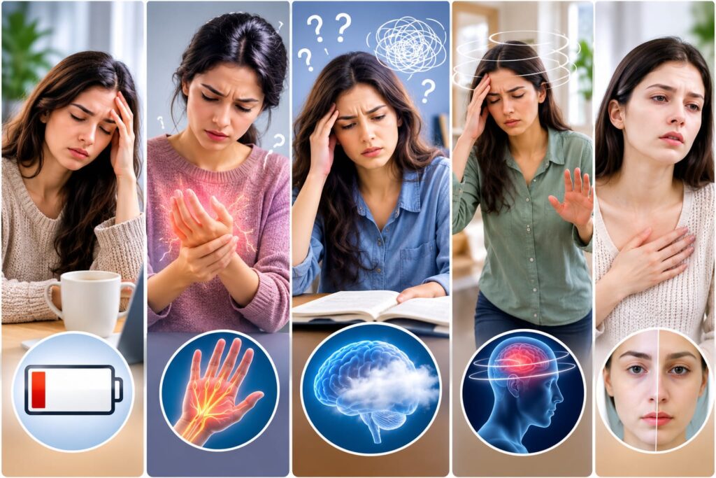 Medical-style infographic showing five common symptoms of Vitamin B12 deficiency.